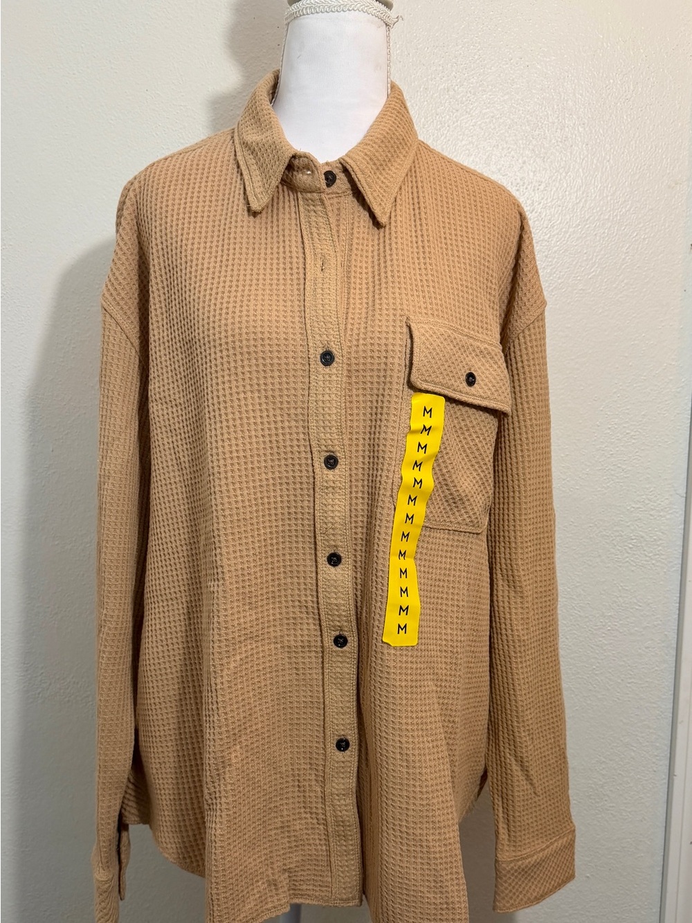 Buffalo Jeans Men's Medium Waffle Knit Button Up Shirt Camel Tan Long Sleeve